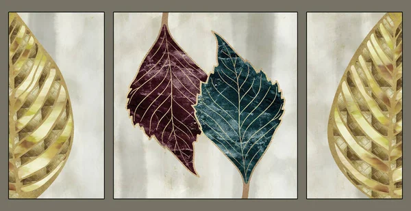 wall frame art. Drawing light background of golden, turquoise and red tree leaves. 3d wall art