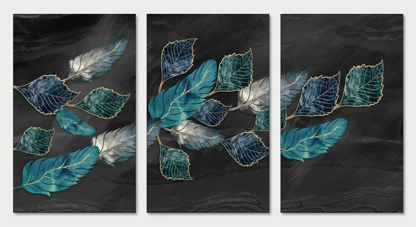 Art Wallpaper Wall Decor Poster Blue Turquoise Gray Leaves Feathers — стоковое фото