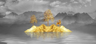 3d illustration mural landscape wallpaper. golden, black and gray mountains and trees in light background.  wall home decor