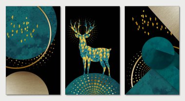 3d drawing art mural modern wall frame. golden dots and birds shapes with marble deer in black background