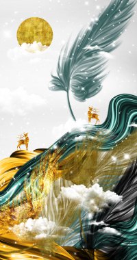 canvas wall art. 3d multi-colors feathers and white clouds and golden deer and sun.