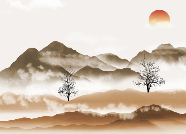 Chinese Landscape Mural Art Wallpaper Black Trees Brown Mountains Sunset — Fotografia de Stock