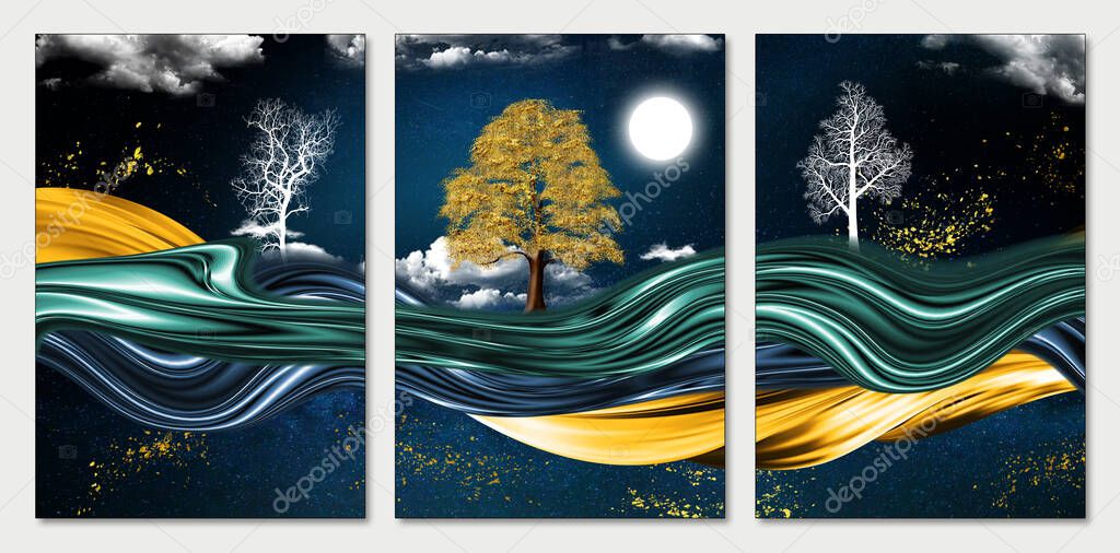 Art mural wallpaper with dark blue background golden tree, mountain, 3d golden waves, golden birds, moon, and clouds.