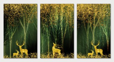 3d art decor wallpaper forest landscape. golden trees and deers in dark green  background