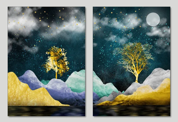 Art Mural Wallpaper Colorful Background Golden Trees Leaves Mountain White — Photo