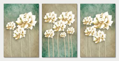 3d drawing art mural modern wall frame. flowers in light floral background