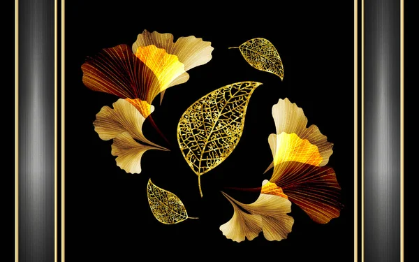 Mural Floral Wallpaper Golden Ginko Biloba Leaves Leaves Black Background — Fotografia de Stock