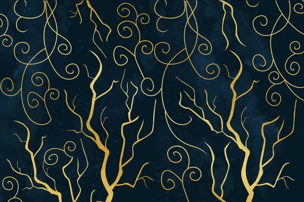 3d simple modern mural wallpaper. golden ornament and branches in light dark blue background