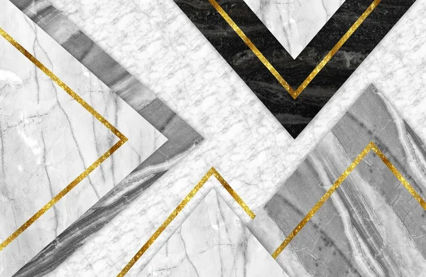 3d abstract marble wallpaper for interior home decor. golden, white, black, white and gray triangles marble background