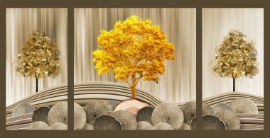3d wall poster wallpaper, landscape with dark golden mountains, trees, moon, wood dark black background 