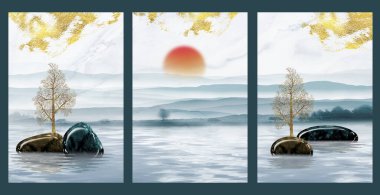 3d illustration mural landscape wallpaper. Light blue and gray mountains in light background. sunset and white marble. wall home decor