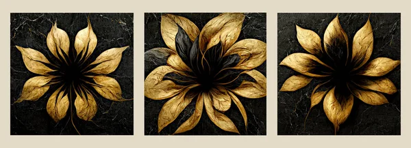 Fractal Flowers Golden Black Liquid Marble Background Resin Geode Abstract — Stockfoto