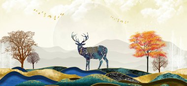 3d illustration wallpaper landscape art. Colorful trees, wavy mountains and deer in marble in light background 