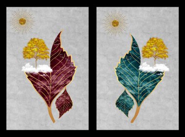 3d Chinese landscape gray background golden sun tree leaf and white clouds.