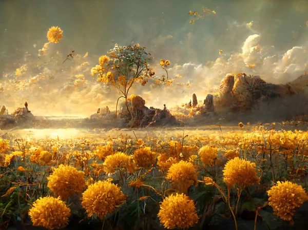 Digital Art Cinematic Landscape Golden Flowers Sunrise Sky Trees — 图库照片