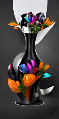 3D siyah, altın ve gümüş vazo ve renkli buket çiçekler. duvar dekorasyonu için dijital resim çizimi