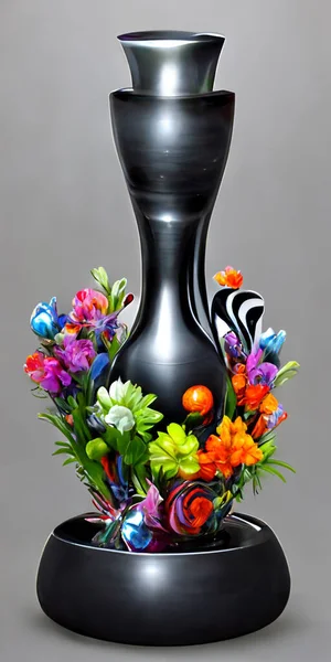 Jarrón Negro Oro Plata Flores Ramo Colores Dibujo Arte Digital — Foto de Stock