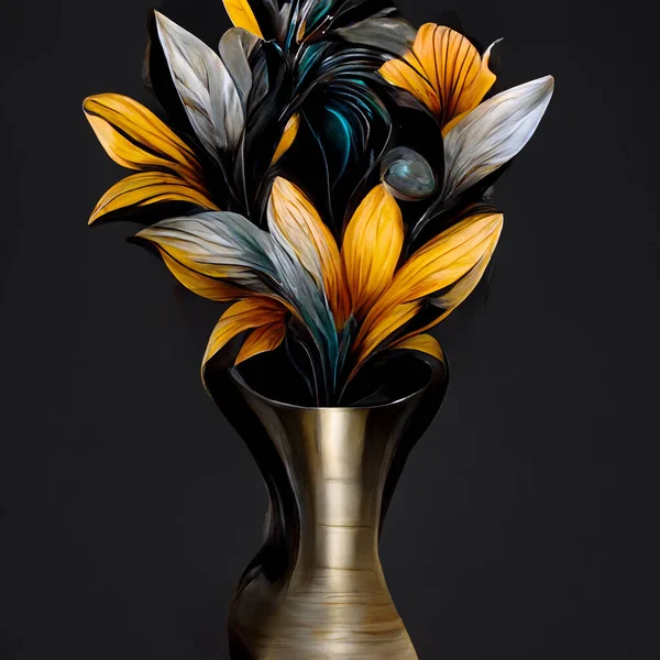 Zwarte Gouden Zilveren Vaas Kleurrijke Boeket Bloemen Digitale Kunsttekening Voor — Stockfoto