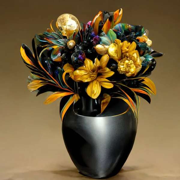 Černá Zlatá Stříbrná Váza Barevné Kytice Digitální Kresba Pro Nástěnnou — Stock fotografie