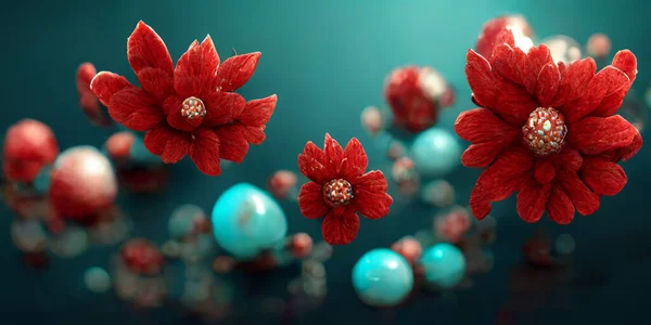 realistic 3d red and turquoise flowers object, floating, fractals, abstract, symmetrical cinematic lighting. 3d drawing digital art