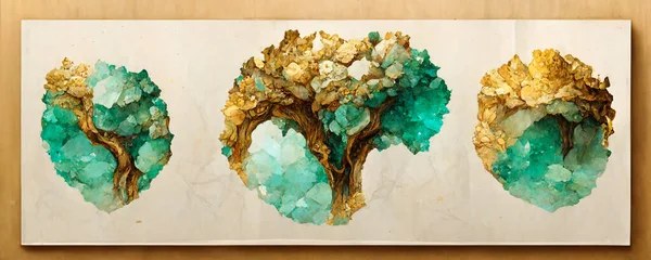 3d minimalist drawing art wallpaper geode functional, like watercolor geode painting. golden tree, green, light brown, and turquoise