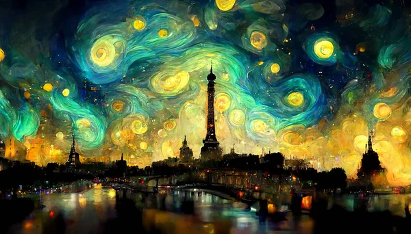 Drawing Digital Art Galaxy Northern Lights Paris City Cinematic Lighting — Stock Photo, Image