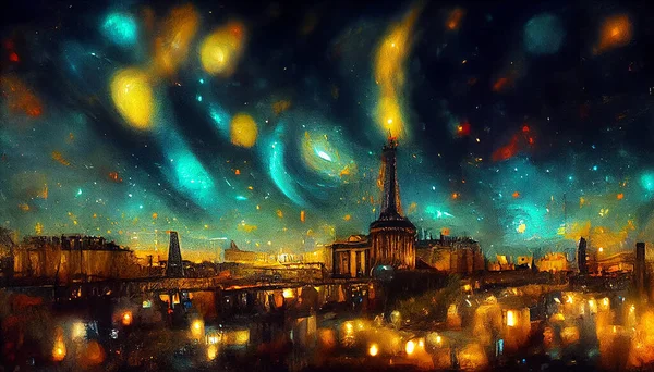 画数码艺术 巴黎上空的银河北极光 电影照明 梵高和克里姆特风格 3D彩色背景 — 图库照片