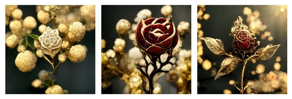 Realistic Golden Red Rose Flowers Bush Photography White Gold Leaf — Stock Photo, Image