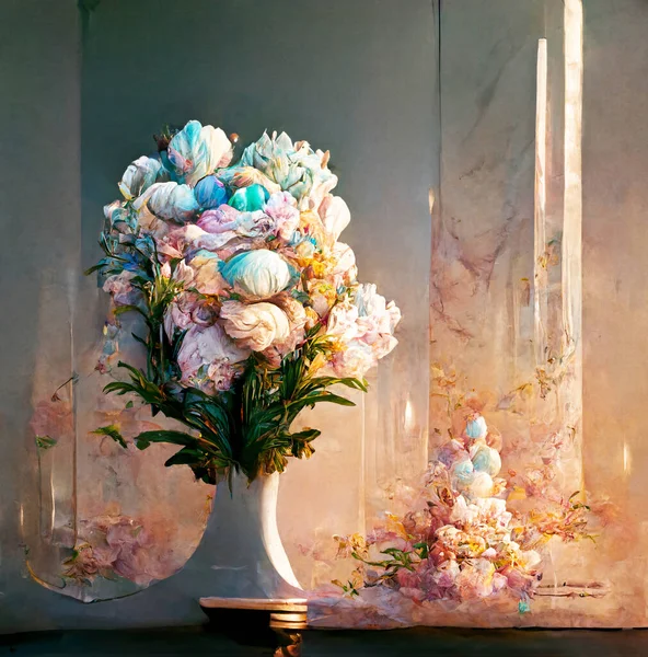 Pastelová Kytice Květin Bílé Porcelánové Váze Stojí Před Elegantním Zrcadlovým — Stock fotografie