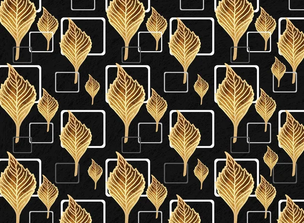 3d modern mural wallpaper with black background. golden tree leaves and white squares