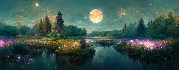 Gece Manzarası Göz Alıcı Bir Göl Yemyeşil Ağaçlar Çiçekler Sihirli — Stok fotoğraf