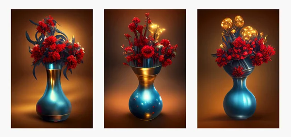 Render Turquoise Gold Vases Red Flowers Dark Brown Background Digital — Stock Photo, Image