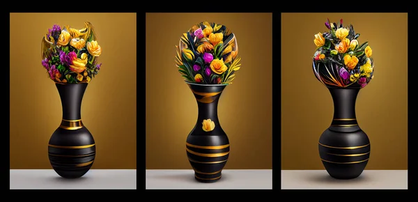 Maken Zwart Goud Vazen Met Rode Bloemen Donkerbruine Achtergrond Digitale — Stockfoto