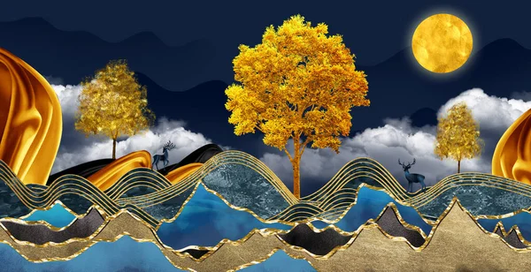 3d modern art mural wallpaper, night landscape with colorful mountains, dark black background with golden moon, golden trees, and gold waves.