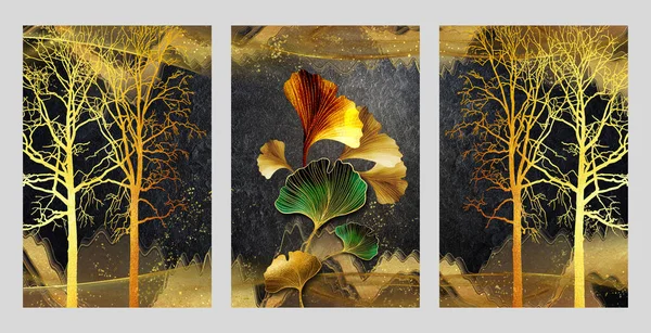 Gouden Boom Bladeren Moderne Schilderkunst Zwart Gouden Achtergrond Muurlijst Home — Stockfoto