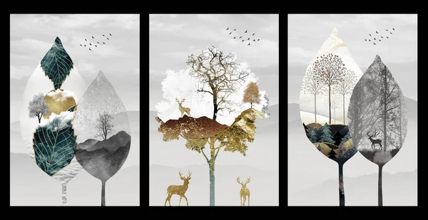 landscape canvas wall art. leaves, trees, golden deer, and birds on light gray background. 3d digital art