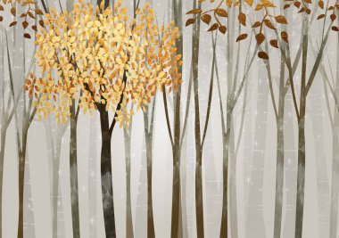 Kışın kar ve altın yapraklarda üç boyutlu duvar kağıdı kahverengi ağaçlar. düz modern basit arkaplan