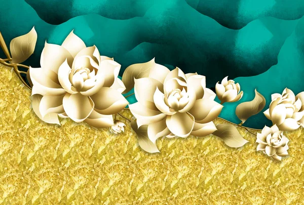Muurbehang Turquoise Vormen Gouden Tak Van Bloemen Klassieke Achtergrond — Stockfoto