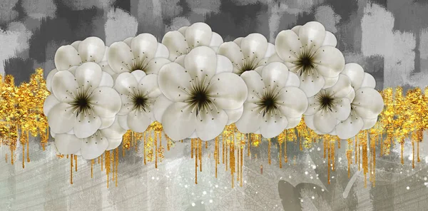 Tekenen Bloemen Digitale Kunst Wanddecoratie Gouden Grijze Vormen Voor Muurdoek — Stockfoto