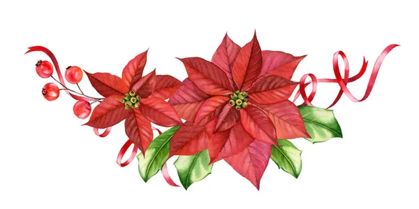 Julkomposition med järnek bär, julstjärnor blommor, festliga band. Akvarell handmålad illustration av båge för vintersemester, gratulationskort, banderoller, kalendrar — Stockfoto