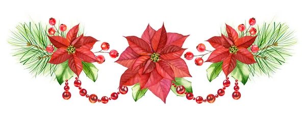 Рождественская гирлянда с ягодами падуба, цветок пуансеттии, сосновые ветви. Иллюстрация арки акварелью для зимних праздников, поздравительные открытки, баннеры, календари — стоковое фото