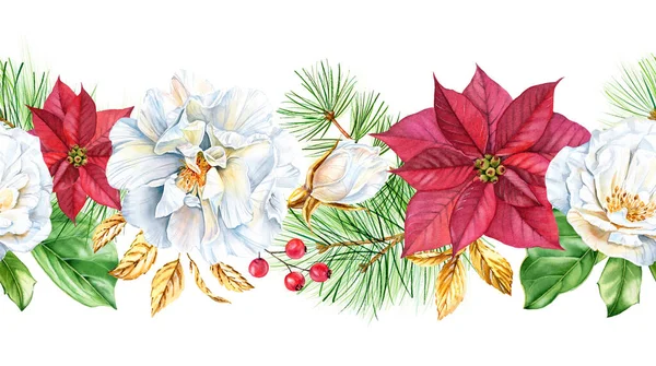 Рождественская бесшовная гирлянда с цветами пуансеттии, сосновыми ветвями и золотой розой. Иллюстрация акварелью. Большая горизонтальная граница на зимние праздники, поздравительные открытки, баннеры — стоковое фото