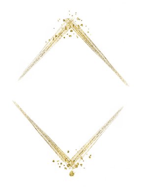 Altın parıltılı çerçeve. Dikey rhomb şekli. Beyaza izole edilmiş altın folyo çizimleri, içinde yazı için yer var. Logo, düğün, Noel tebrik kartları için gerçekçi klip sanatı