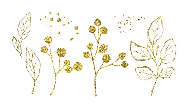 Goldener Glanz florale Elemente. Zweige, Blätter und Beeren in glänzender Folie. Botanische florale Illustration für moderne Boho-Sträuße, Hochzeitskarten — Stockfoto