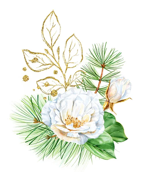 Aquarel roos boeket met witte roos, gouden glitter bloemen. Floral arrangement met witte bruyère bloem, dennenboom en glanzende folie. Botanische illustratie voor wintervakantiekaarten — Stockfoto