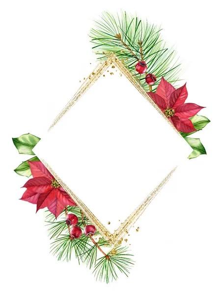 Watercolor Christmas frame with golden glitter. Rhomb template with red poinsettia flower, pine tree, place for text and sparkling foil. Botanical floral illustration for winter holiday cards — Stock Photo, Image