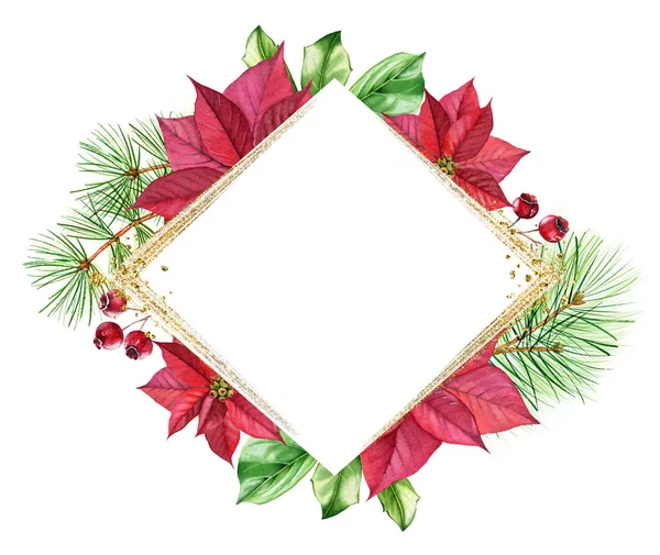 圣诞镜框,金光闪闪.菱形模板，红色点缀花，松树，放置文字和闪光的箔。冬季节日贺卡水彩画植物图解 — 图库照片