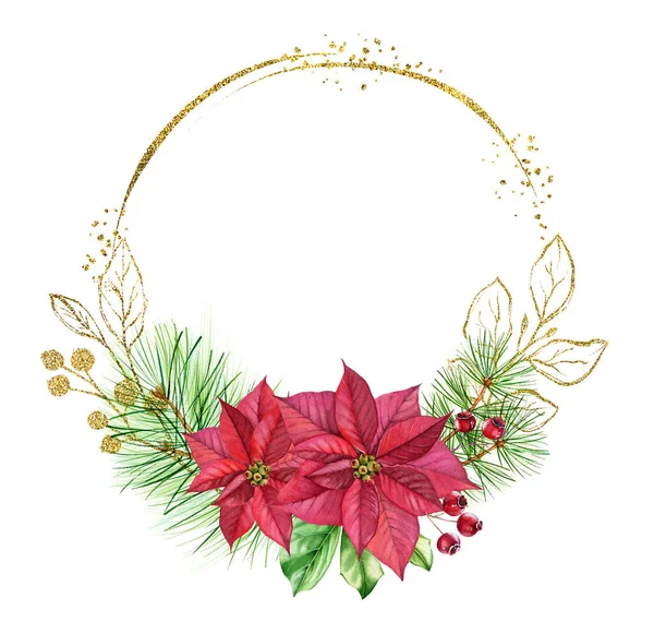 Watercolor Christmas frame with golden glitter. Round shape with place for text, red flowers, pine tree. Festive hand painted illustration. Circular composition with sparkling foil — Stock Photo, Image