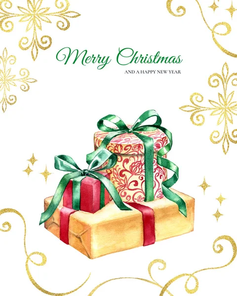 Plantilla tarjeta de Navidad con regalos. Ilustración de acuarela pintada a mano con regalos de Navidad vintage y adornos de lámina dorada. Diseño de vacaciones de invierno para tarjetas de felicitación, pancartas, calendarios —  Fotos de Stock