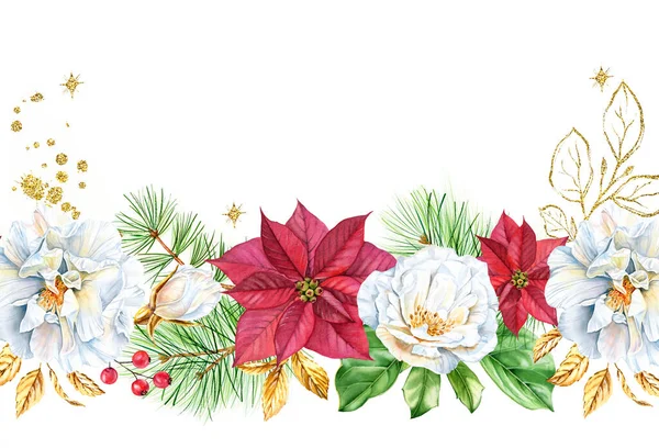 Aquarel Kerst achtergrond met rozen, rode poinsettia, gouden glitter bloemen. Kaartsjabloon met witte bruyère bloem, dennenboom en glitterfolie. Botanische bloemen illustratie voor de wintervakantie — Stockfoto